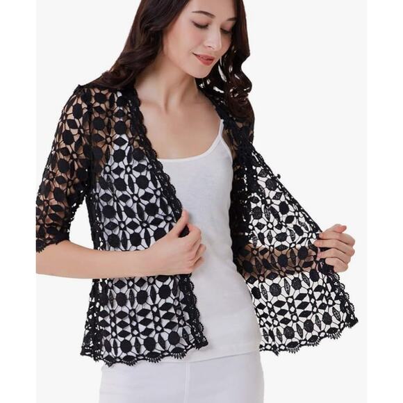Outfit Petite JPR Black Floral Crochet Short Sleeve Cardigan Petite - Picture 9 of 9